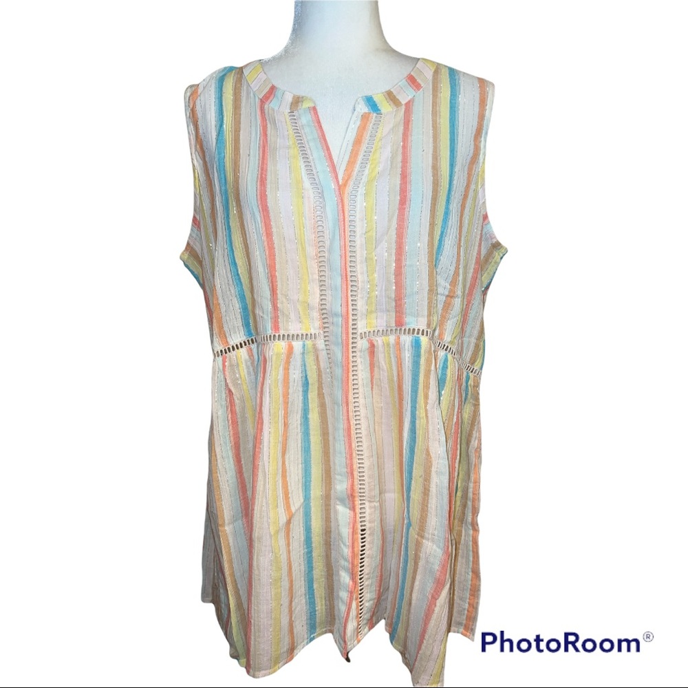 For The Republic Pastel Rainbow Stripe Gauzy Babydoll Dress Coverup Sz XL